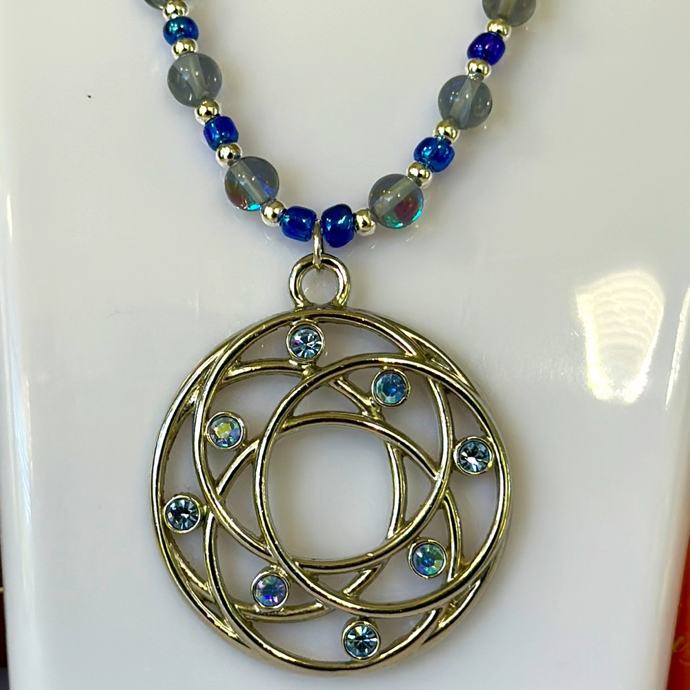Lia Sophia Light Blue & Silver Tone Necklace on Handmade 19 1/4 in Beaded Chain